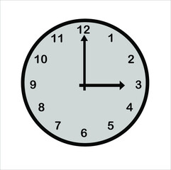 Basic grey clock on white vector showing 3:00 for time concepts. 