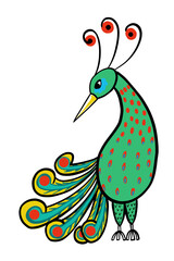 bohemian painted cartoon peacock bird with corona from three feathers