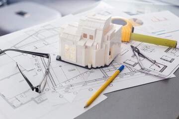 Architectural plans, pencils and ruler, Blueprin non coopyligth