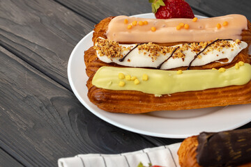 Close up photo of fresh french eclair cake with icing