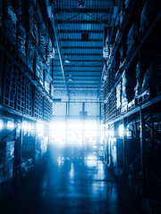 Warehouse cargo building store, warehouse interior with shelves, pallets and boxes for stock and sorting shipment goods in freight, logistics and transportation industrial