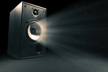 Black wooden sound speaker with sound wave on black  background.