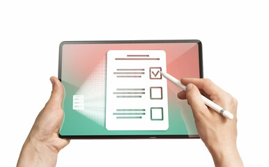Woman selects the right answer in questionnaire on her digital tablet. Concept of online testing, questionnaires, voting. Isolated on white - obrazy, fototapety, plakaty
