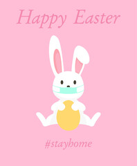 happy easter. stay home. coronavirus bunny with medical mask. covid-19 bunny. CORONAVIRUS EASTER RABBIT. Easter bunny isolated on blue background.