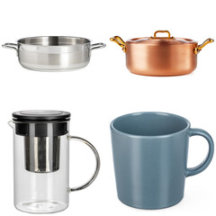 Collage of crockery items on white background