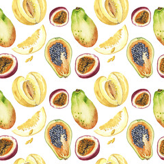 Watercolor Fruits Digital Paper, Summer Tropical Fruits Seamless Pattern, Scrapbook Paper, Botanical Print, Food Pattern, Kitchen Decor