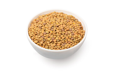 Bowl of red lentil isolated on white background