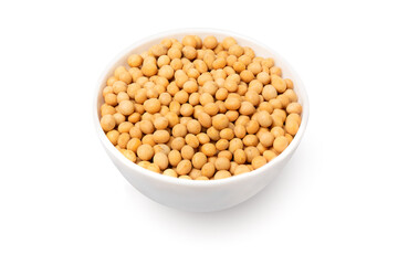 Bowl with soybeans isolated on white background