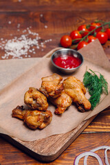 fried chicken on a plate in a restaurant, nuggets with ketchup
