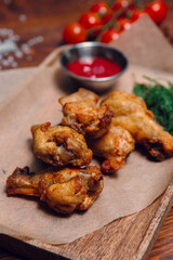 fried chicken on a plate in a restaurant, nuggets with ketchup