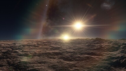 Fototapeta premium science fiction wallpaper, cosmic landscape, realistic exoplanet, beautiful alien planet in far space, detailed planet surface 3d render
