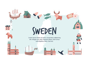 Tourist poster with famous destinations and landmarks of Sweden. Explore Sweden concept image. © danceyourlife