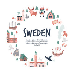 Tourist poster with famous destinations and landmarks of Sweden. Explore Sweden concept image. © danceyourlife