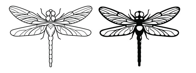 Laser cutting template. Set of dragonfly. Linear art. Abstract geometric dragonfly insect. Stencil for decorative panel of wood, metal, paper. Vector illustration.