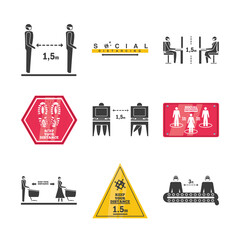Naklejka premium set of icons social distancing, risk of infection coronavirus or covid 19