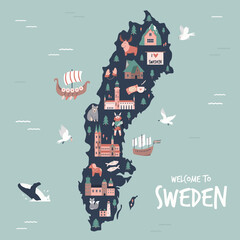 Illustrated map of Sweden with symbols, icons, famous destinations, attractions.