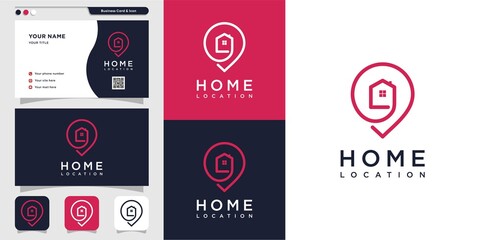 Home location logo with line art and business card design. pin, map, location, home, house, icon, building Premium Vector