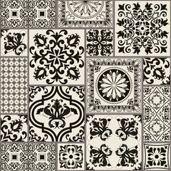 Seamless patchwork tile with Islam, Arabic, Indian, Ottoman motifs. Majolica pottery tile. Portuguese and Spain decor. Ceramic tile in talavera style. Vector illustration