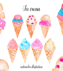 Vintage design template with strawberry, mint, vanilla, berry ice cream vintage watercolor illstration isolated on a white background suitable for food designs