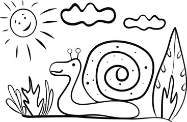 A snail in the nature, coloring page for children books, for scrapbooking, tattoo imagies, vector, illustration, printing