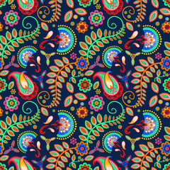 Paisley seamless pattern. Red, blue, green, orange, yellow, pink and white leaves, flowers and flame on a dark blue background. Trendy ethnic patterns. Vector graphics.