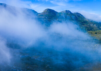 Mists in the Port of the Portillo de Lunada. Pasiegos Valleys. Merindades region. Burgos province. Community of Castilla y León. Spain, Europe