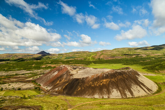 Grabrok, volcanic crater in the fjord of Borgarfjordur in West Iceland