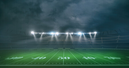 Wide view of an american football stadium in a night game. 3D Rendering