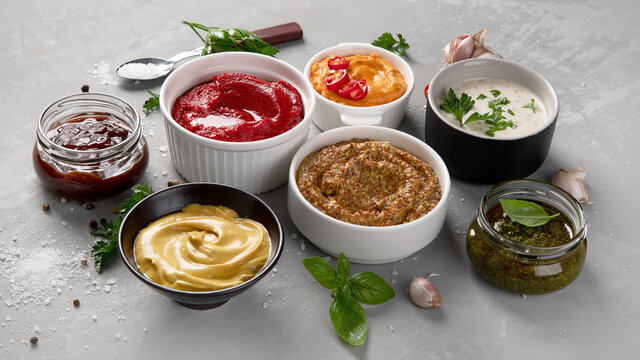 Set of various sauces in bowls
