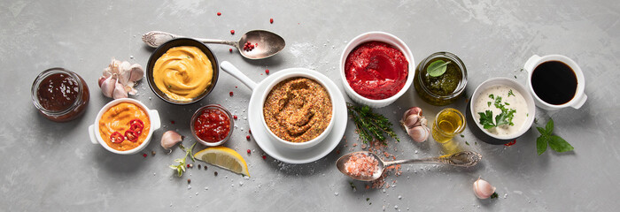 Set of various sauces in bowls