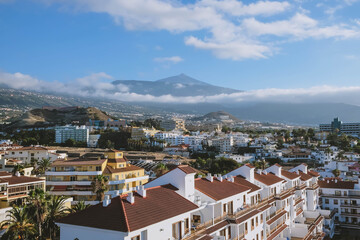 Fototapeta na wymiar City on the background of a volcano. Spain, Canary Islands, Tenerife, Puerto de La Cruz