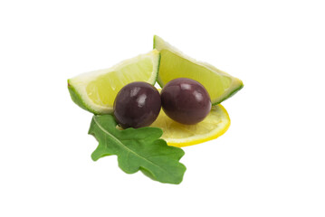 Two olives, piece of lemon and leaves of arugula isolated on white