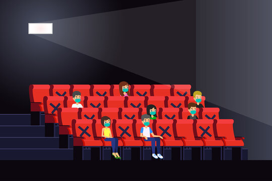 People Watching Movies Inside a Theater During Pandemic Vector Illustration