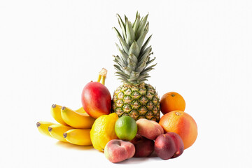 Naklejka na ściany i meble Tropical fruits assortment isolated on white background. Pineapple, bananas, mango, lime, lemon, peaches.