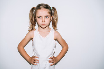 angry blonde girl on a white background