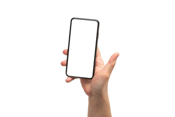 Smart phone in man hand isolated on white background.  White screen.