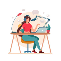 Fototapeta premium A woman sits at a table with a laptop and a microphone, in headphones and records a podcast. Concept of creating podcast, blogging. Girl interviews, conducts webinar, online courses. Vector, Isolated.
