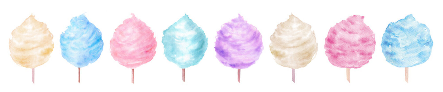 Set of vanilla, strawberry, mint, berry cotton candy in a stick vintage watercolor illustration isolated on a white background suitable for food design
