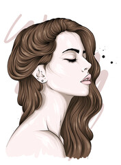 Beautiful girl with long hair. Full lips. Vector illustration for greeting card or poster, print on clothes. Fashion and style, accessories.