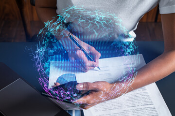 Planet earth world map hologram and a woman signing contract use phone. Multiexposure.