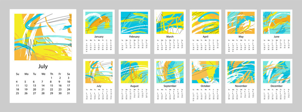 2021 Calendar design set of 12 months. 2021 Week starts on Sunday.  Vertical Template A4 or A3 format. Business planner. Stationery design.  Abstract artistic free style vector illustration. 