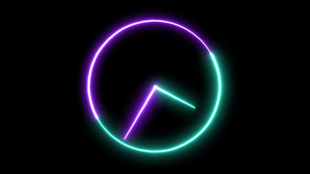 Green and purple moving neon clockwise from 12 p.m to 12 a.m. Analog clock