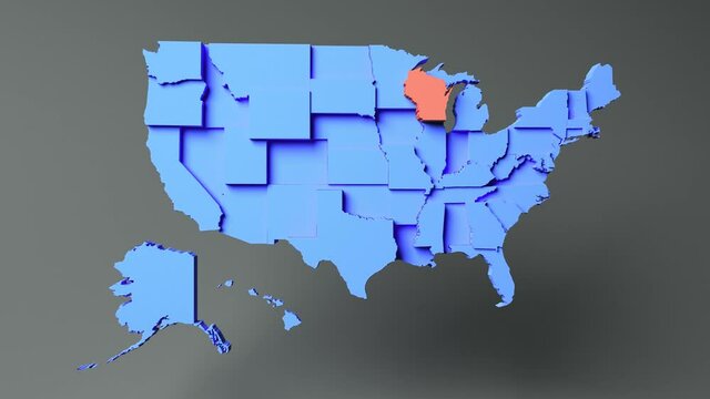 WISCONSIN - State map with 3D rendering of the United States.