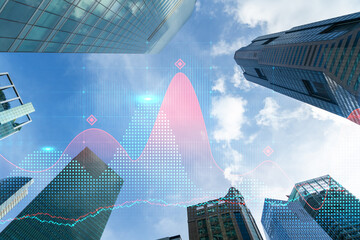 FOREX and stock market chart hologram on low, wide angle view of glass and steel contemporary...