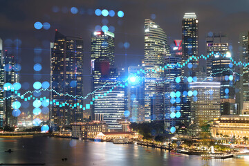Fototapeta premium FOREX graph hologram, aerial night panoramic cityscape of Singapore, the developed location for stock market researchers in Asia. The concept of fundamental analysis. Double exposure.