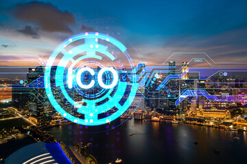 Hologram of glowing ICO icon, sunset panoramic city view of Singapore, startup incubator of cryptocurrency projects in Asia. The concept of affordable opportunities in new era. Double exposure.