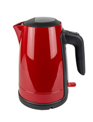 Side view of red and black kettle with closed lid isolated on white background