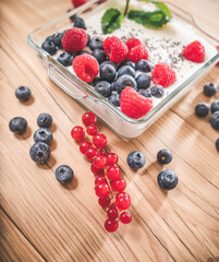 Portion of yogurt with berries serving in glass bowl.