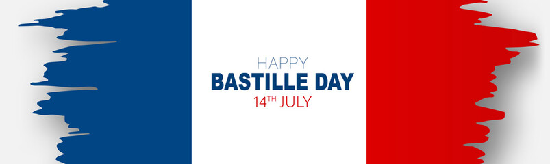 Bastille Day banner or header. July 14th France national holiday celebration. Blue, white, and red tricolor grunge french flag. Vector illustration with lettering.