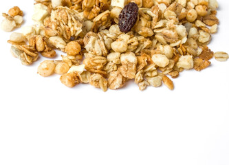 Granola on a white background, copy space, selective focus.